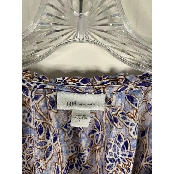 J Jill Love Linen Blouse Top XL Relaxed Printed Lagenlook Coastal Boho Peasant - Picture 7 of 14